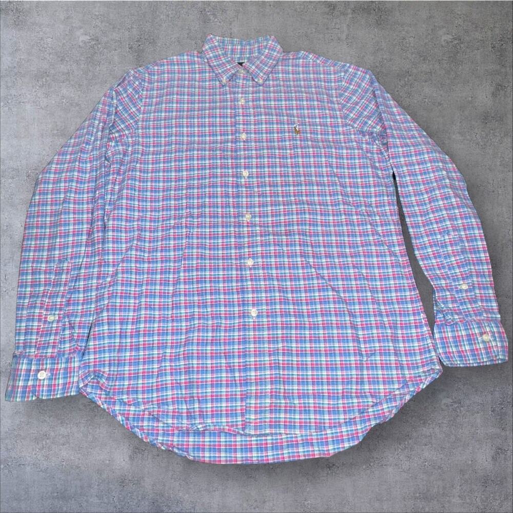Ralph Lauren Men M Blue Pink Plaid Preppy Collared Long Sleeve Button Down Shirt